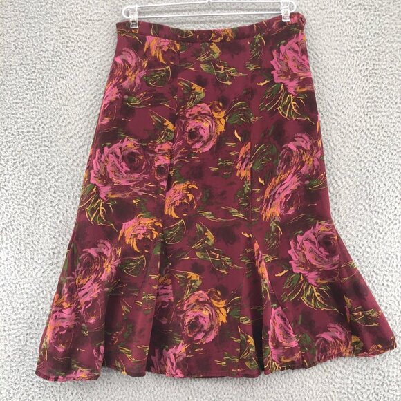 Coldwater Creek Skirt Womens Small Red Floral Godet Trumpet Midi Flowy Casual - Picture 1 of 9